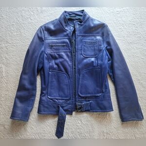 For Joseph Genuine Lambskin Rare Royal Blue Leather Cafe Racer Jacket Women Sz S